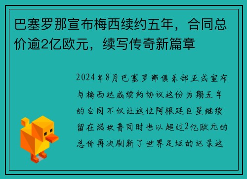 巴塞罗那宣布梅西续约五年，合同总价逾2亿欧元，续写传奇新篇章